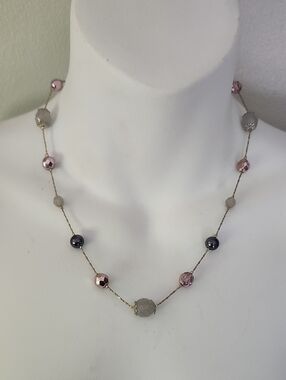 Vtg Korea Delicate Beaded Station Necklace - Pink, Gray, Black